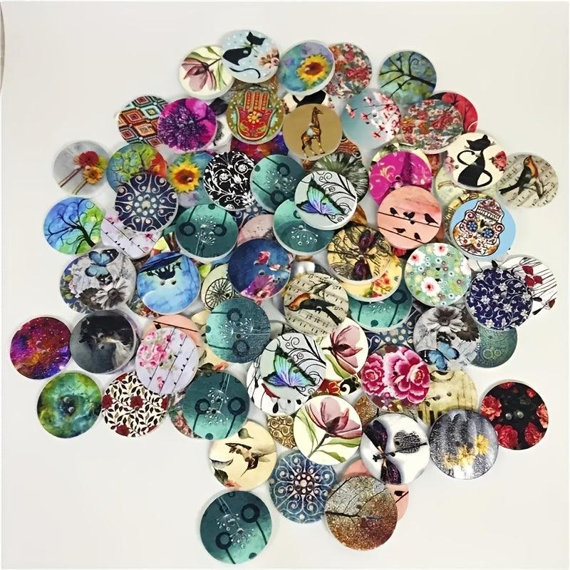 50pcs Wooden Buttons Multiple Styles Round Decorative Painted Wood