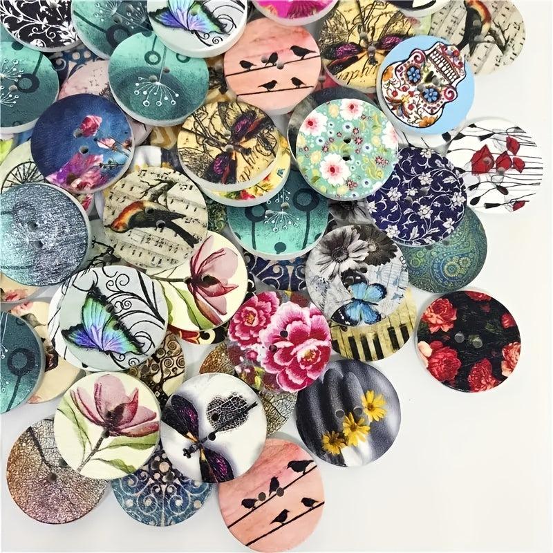 50pcs Wooden Buttons Multiple Styles Round Decorative Painted Wood