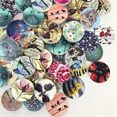 50pcs Wooden Buttons Multiple Styles Round Decorative Painted Wood