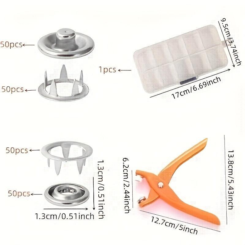 Snap Button Kit Hand Pressure Pliers 50 Snaps Box Metal DIY Crafts Sewing Supp