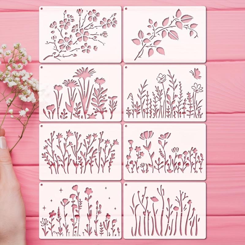 8pcs Wild Flower Stencils Cherry Flowers Vine Stencil With Metal Ring