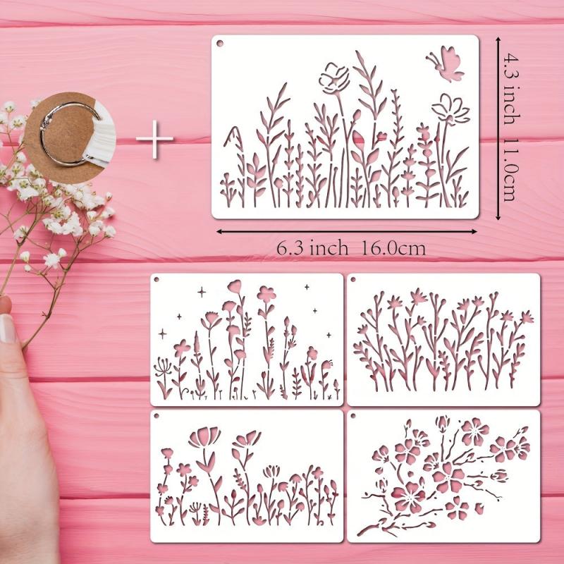 8pcs Wild Flower Stencils Cherry Flowers Vine Stencil With Metal Ring