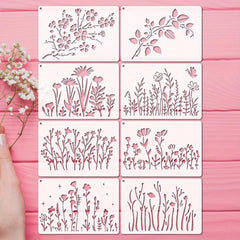8pcs Wild Flower Stencils Cherry Flowers Vine Stencil With Metal Ring