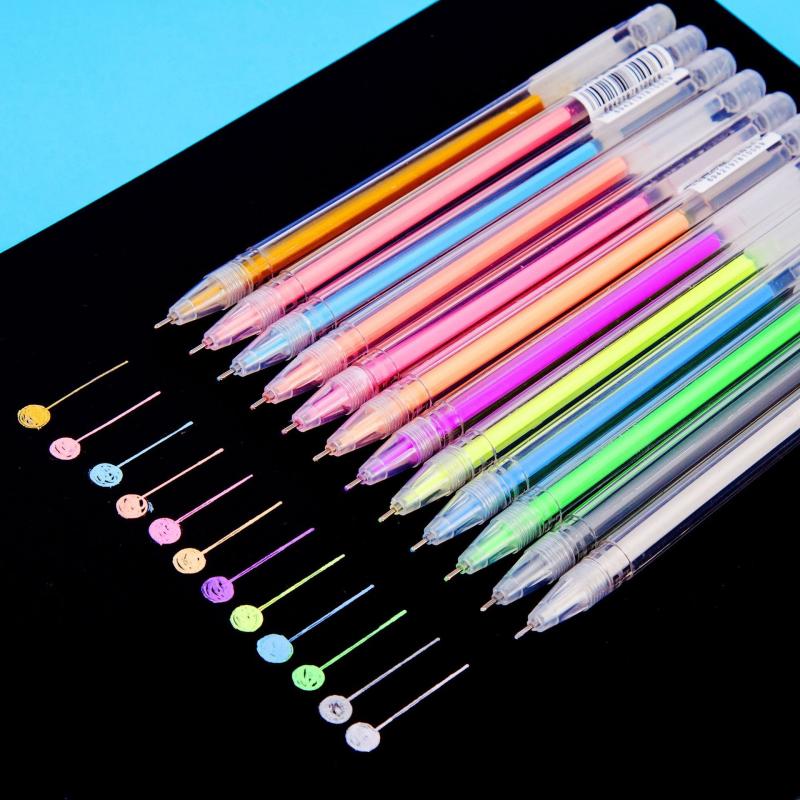 12pcs Highlighter Pen Fluorescent Gel Metal Marker Pen 0.6mm