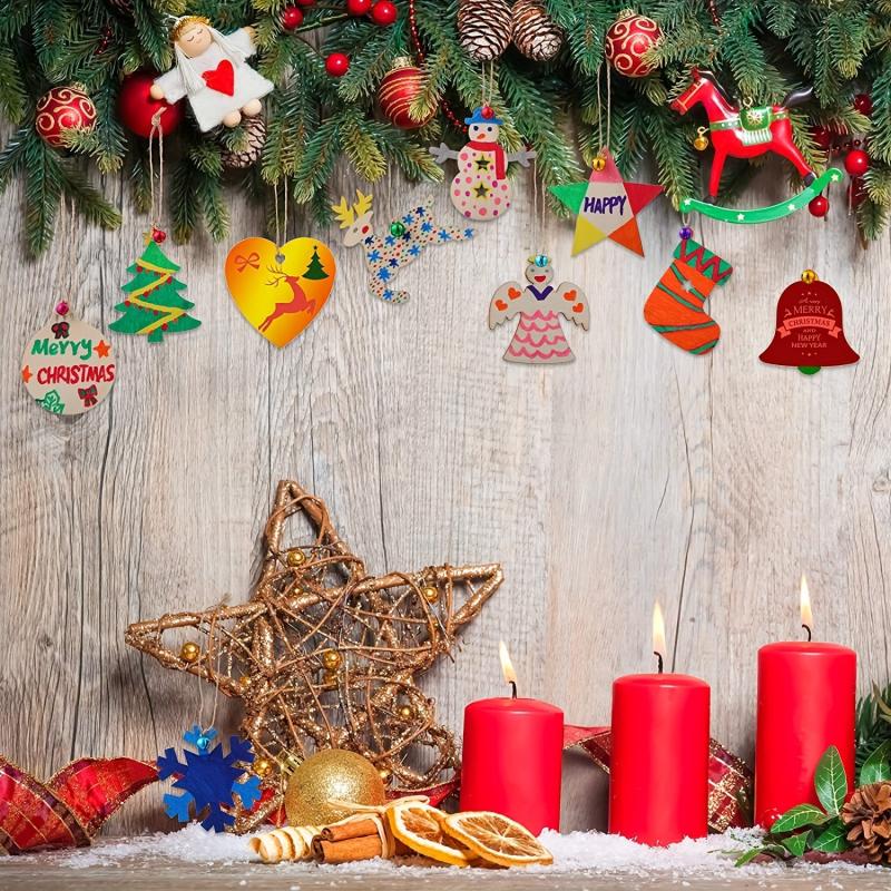 10pcs Unfinished DIY Christmas Decoration Wooden Chips with 10 Ropes