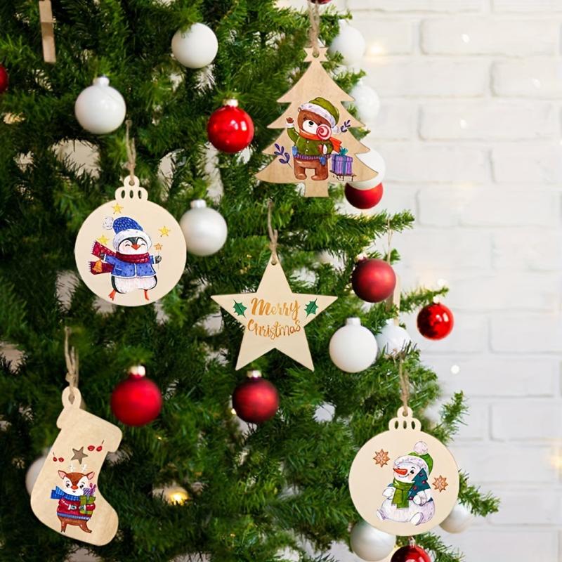 10pcs Unfinished DIY Christmas Decoration Wooden Chips with 10 Ropes