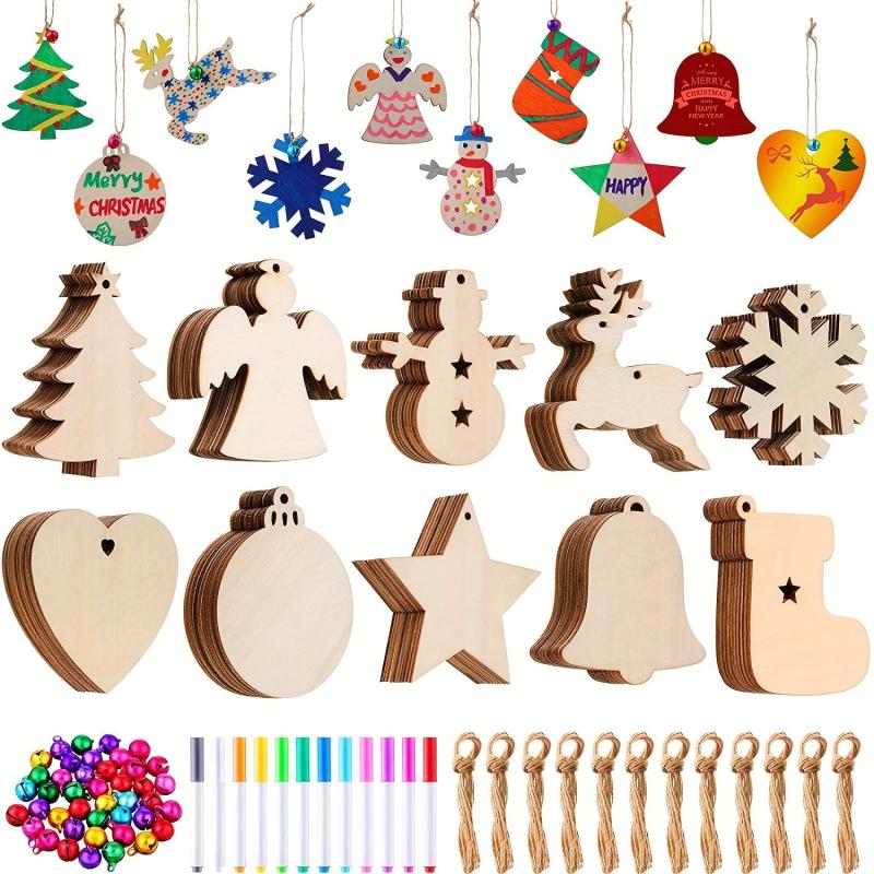 10pcs Unfinished DIY Christmas Decoration Wooden Chips with 10 Ropes
