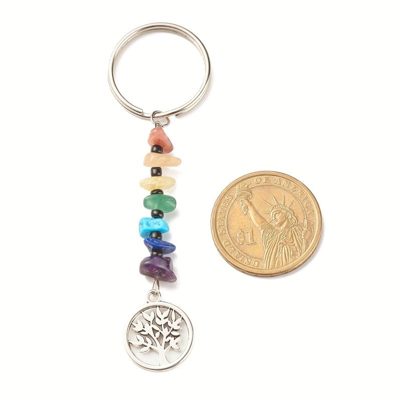 7 Chakra Pendant Keychain Seven Crushed Stone Bead Split Ring Alloy Key Chain