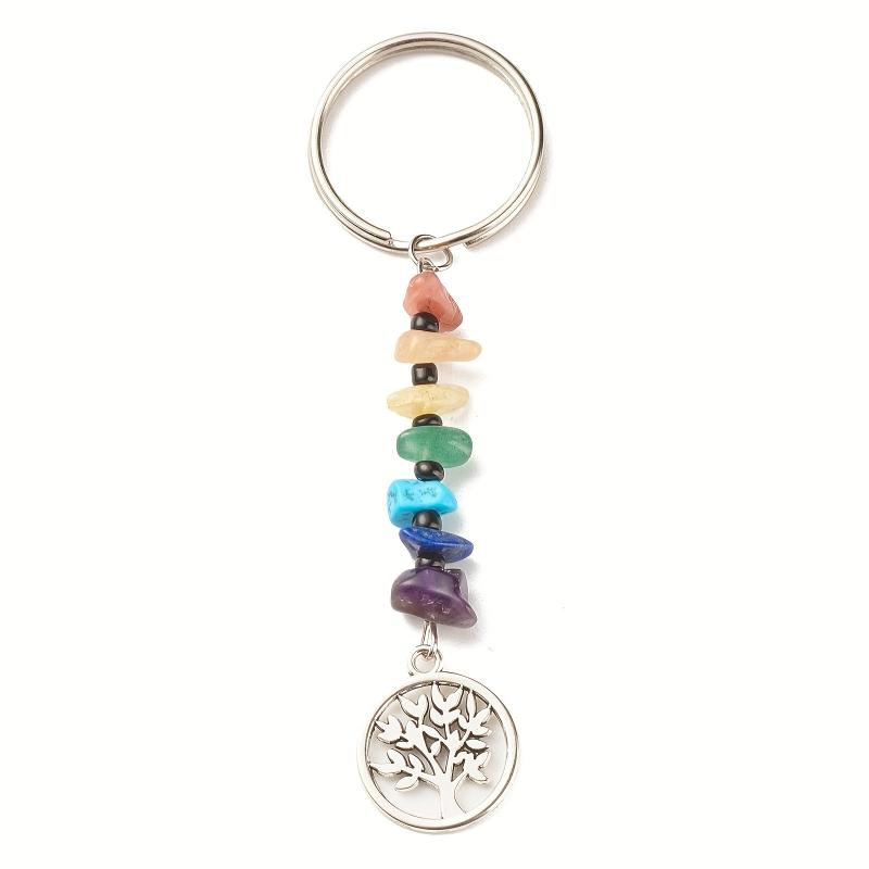 7 Chakra Pendant Keychain Seven Crushed Stone Bead Split Ring Alloy Key Chain
