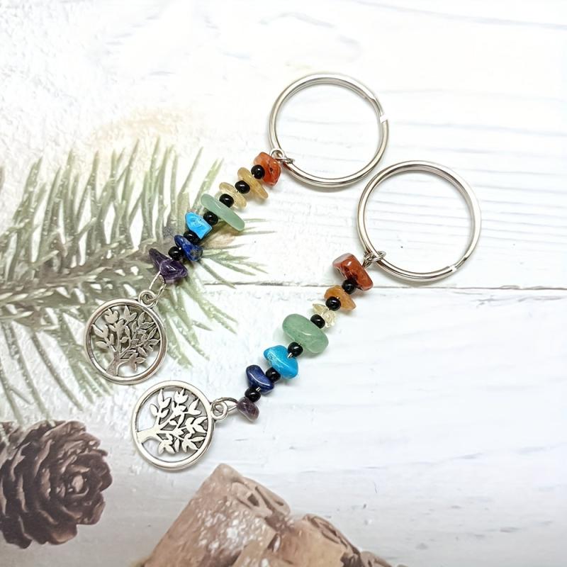 7 Chakra Pendant Keychain Seven Crushed Stone Bead Split Ring Alloy Key Chain