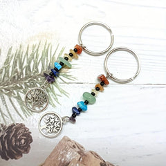 7 Chakra Pendant Keychain Seven Crushed Stone Bead Split Ring Alloy Key Chain