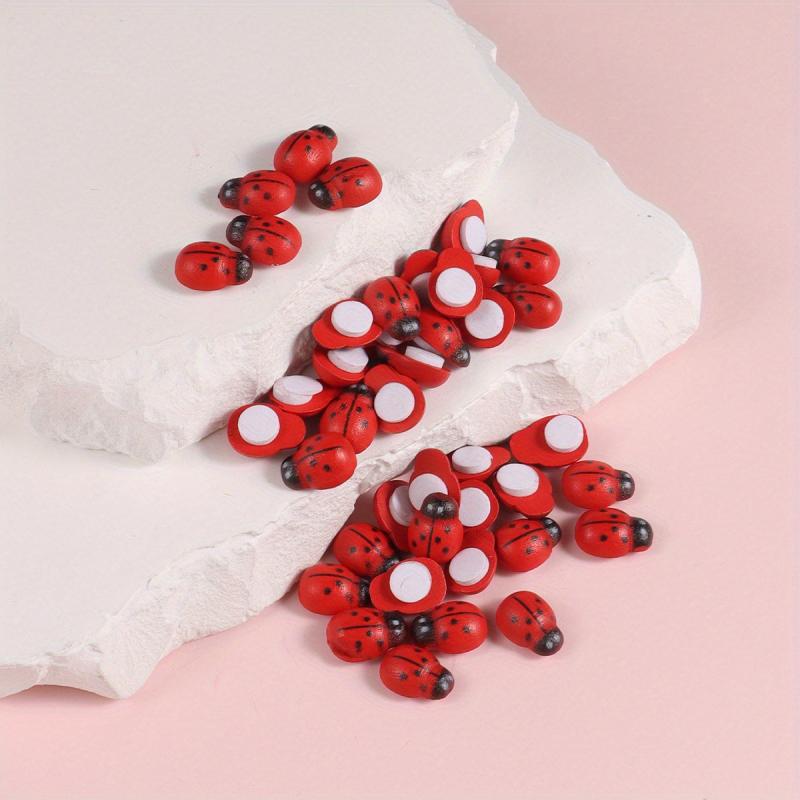 50pcs Mini Ladybugs Stickers Self Adhesive Wooden Ladybugs DIY Garden Decoration