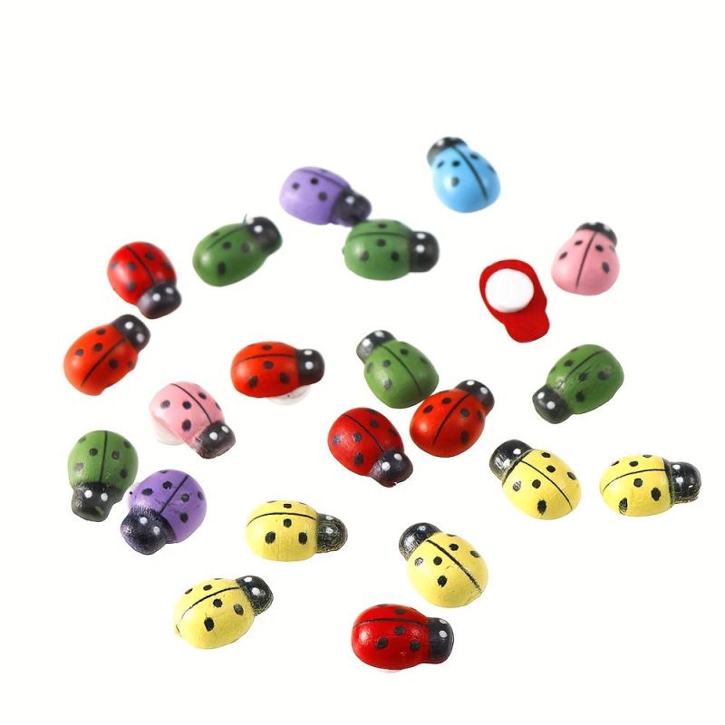 50pcs Mini Ladybugs Stickers Self Adhesive Wooden Ladybugs DIY Garden Decoration