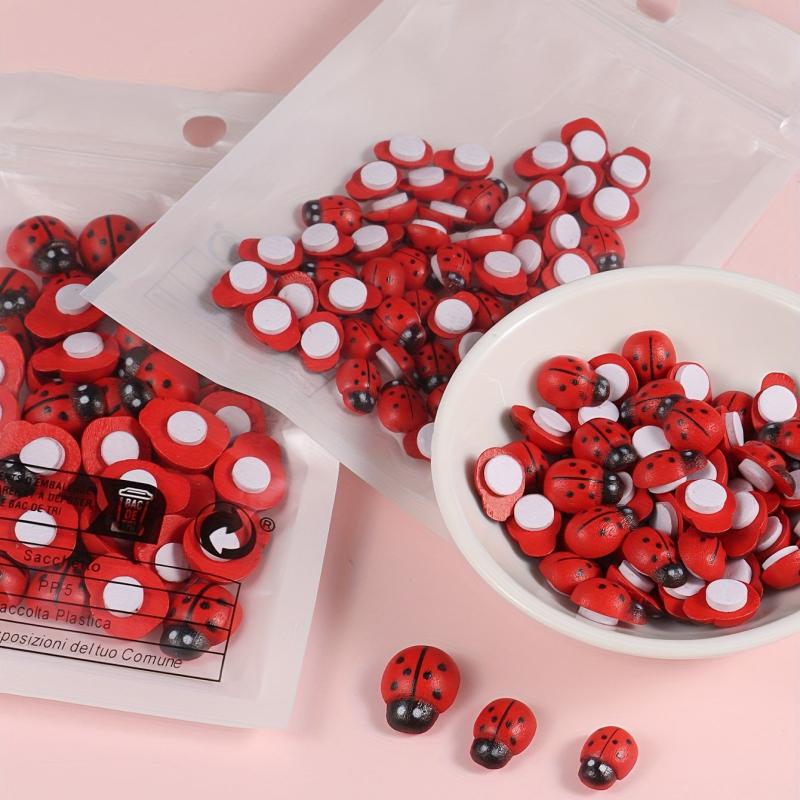 50pcs Mini Ladybugs Stickers Self Adhesive Wooden Ladybugs DIY Garden Decoration