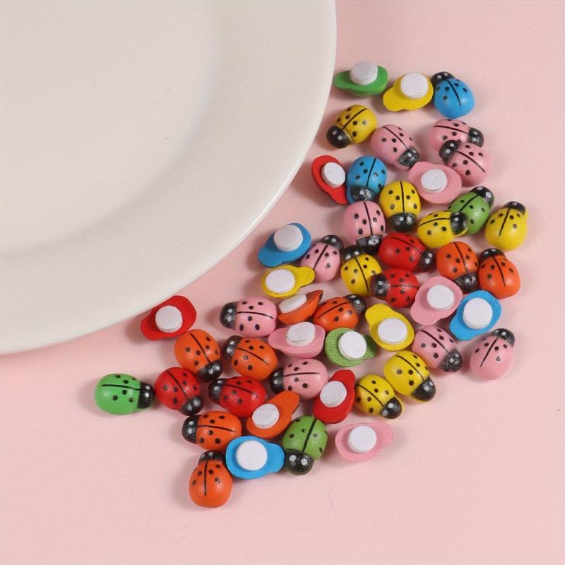 50pcs Mini Ladybugs Stickers Self Adhesive Wooden Ladybugs DIY Garden Decoration