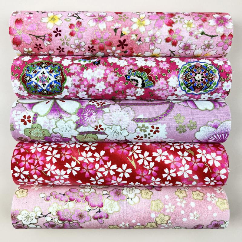 5pcs Pink Flower Printed Cheongsam Fabric Kimono Dress Fabric Home Textile