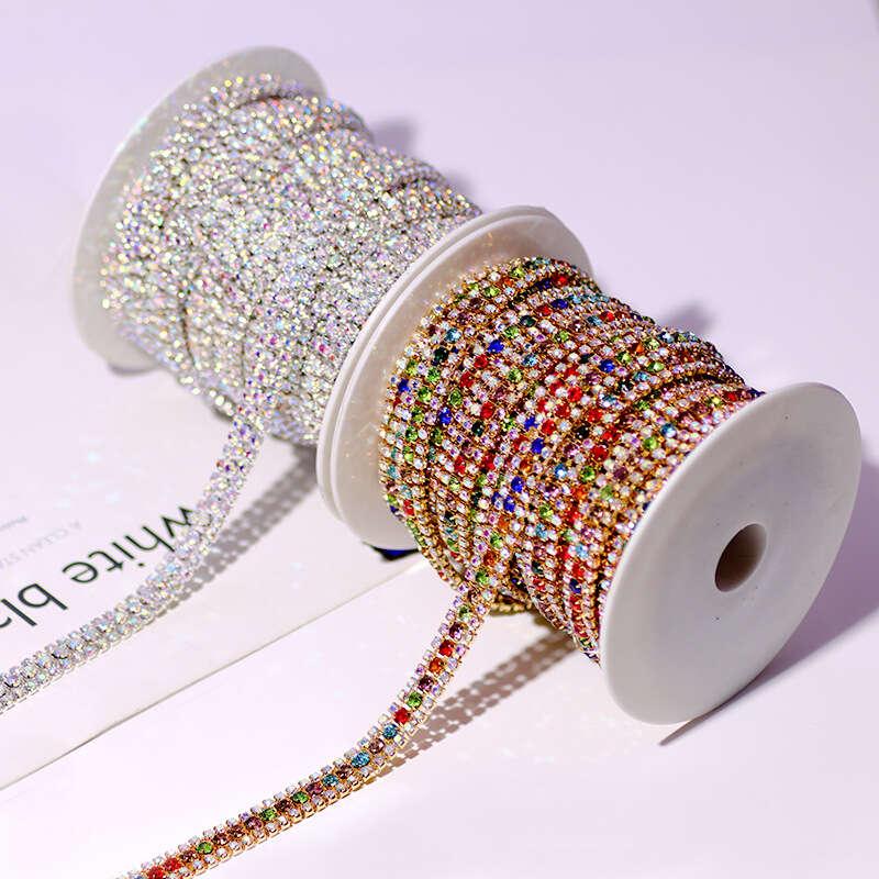 Crystal AB Rhinestone Cup Chain for Dress Decoration Sewing Golden Silvery Base