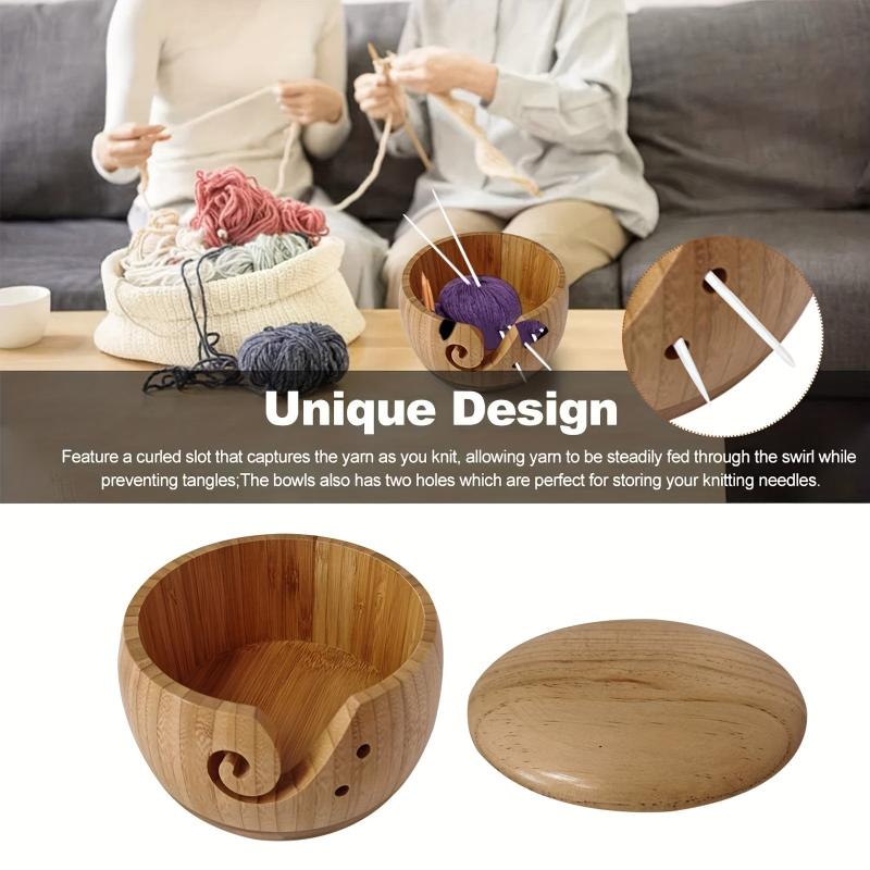 Wooden Yarn Bowl with Lid DIY Yarn Storage Round Organizer for Knitting Crochet
