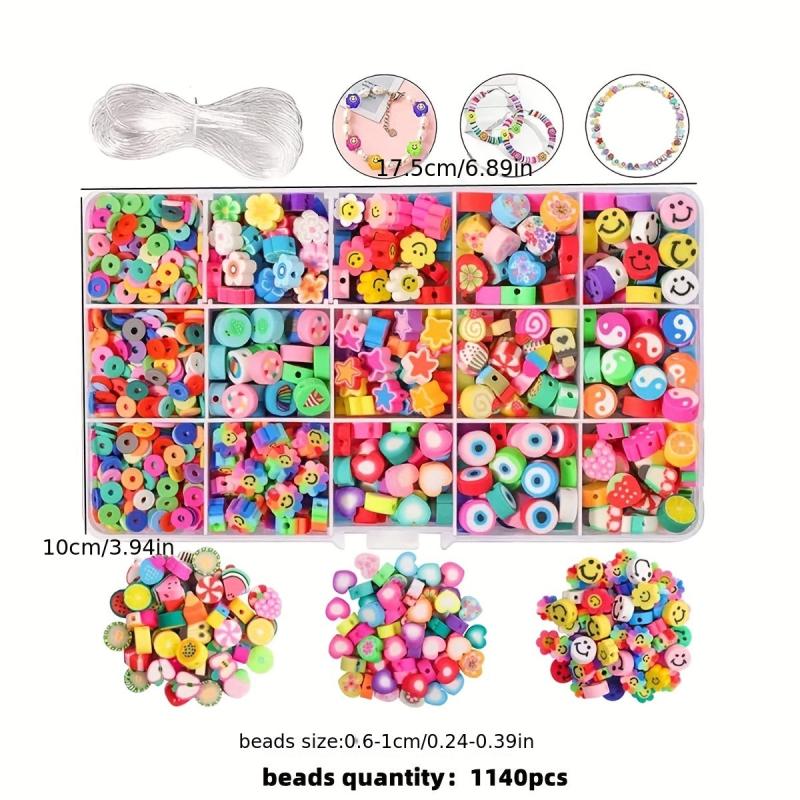 1140 Clay Beads Set Box with Elastic Thread, Flower & Fruit Spacer Beads