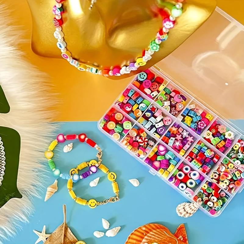 1140 Clay Beads Set Box with Elastic Thread, Flower & Fruit Spacer Beads