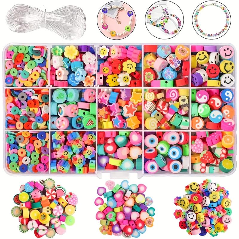 1140 Clay Beads Set Box with Elastic Thread, Flower & Fruit Spacer Beads