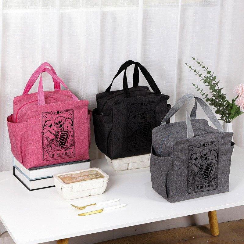 Insulated Lunch Bag Skeleton Reading Print Portable Thick Cooler Box