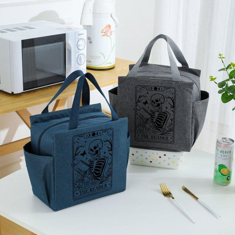 Insulated Lunch Bag Skeleton Reading Print Portable Thick Cooler Box