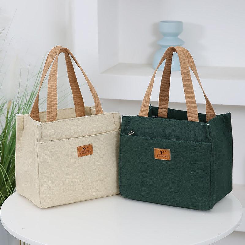 Stylish Canvas Tote Bag with Insulated Compartment Zipper Closure Beige Green