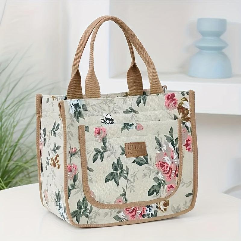 Large Insulated Lunch Bag Floral Print for Work Picnic Travel Hand Washable