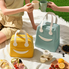 Large Capacity Insulated Yellow Lunch Bag with Happy Face Design