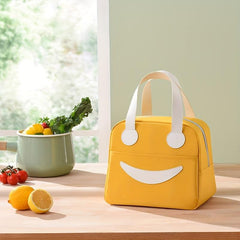 Large Capacity Insulated Yellow Lunch Bag with Happy Face Design