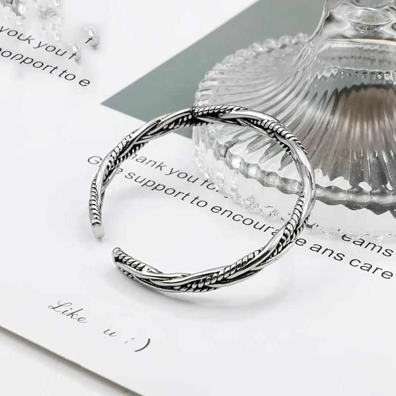 Vintage Silver Braided C-shaped Opening Bracelet, Adjustable