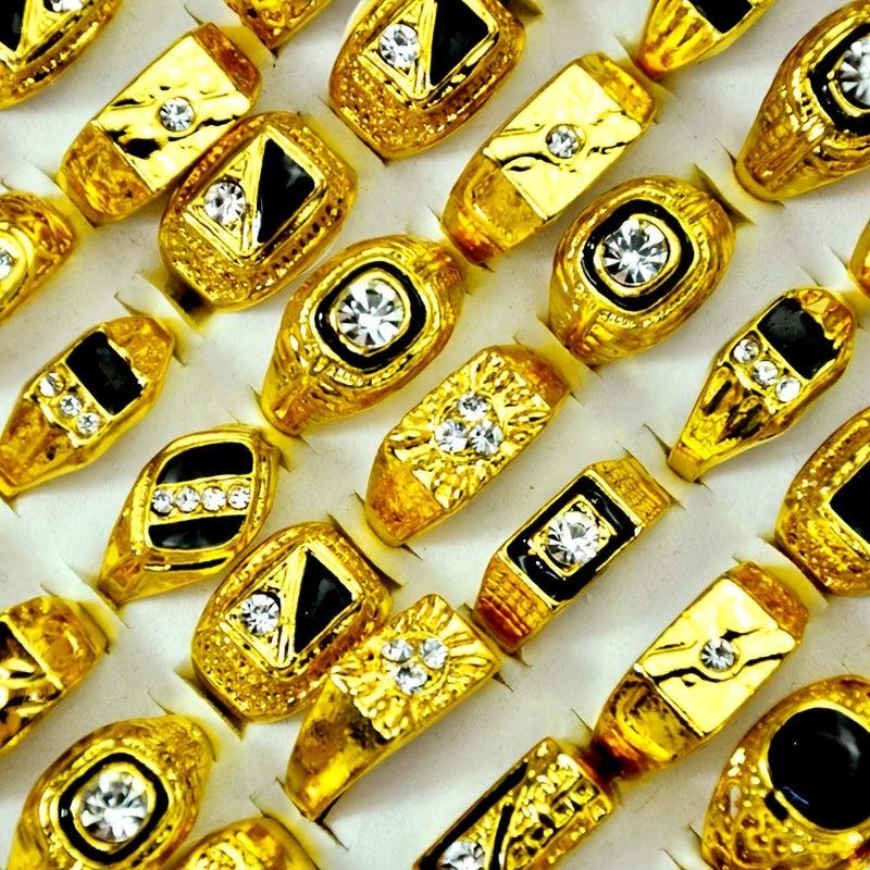 Vintage Classic Golden Crystal Metal Ring Wide Wedding Party Men Jewelry