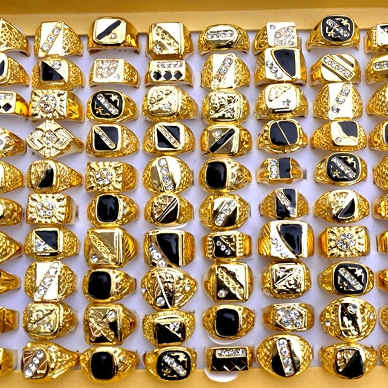 Vintage Classic Golden Crystal Metal Ring Wide Wedding Party Men Jewelry