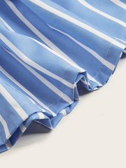 Striped Lace Up Long Dress Short Sleeve V neck Swing Belt Summer Long Dresses