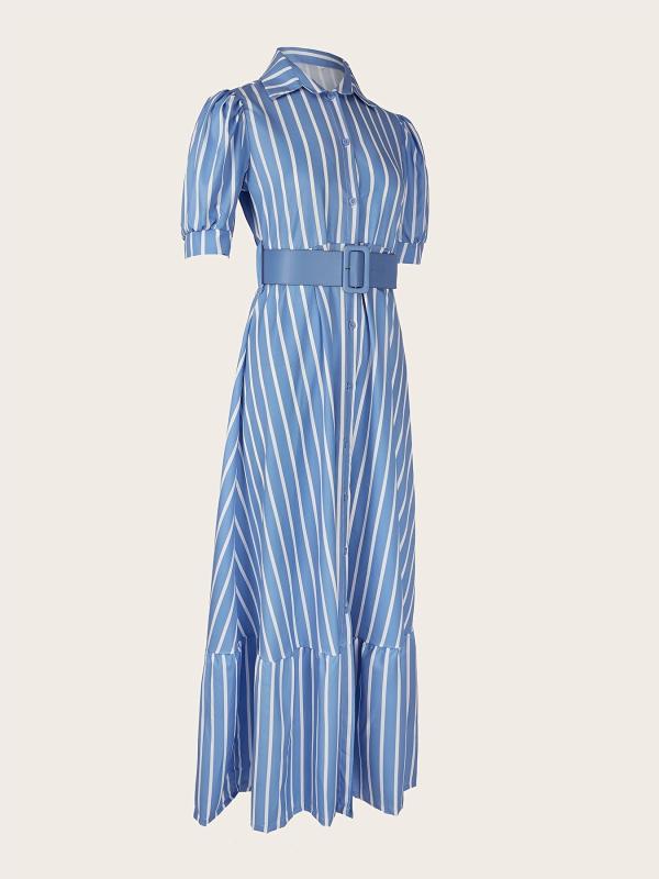 Striped Lace Up Long Dress Short Sleeve V neck Swing Belt Summer Long Dresses