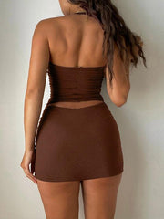 Women's Lace Up Backless Bodycon Crop Skirt Set