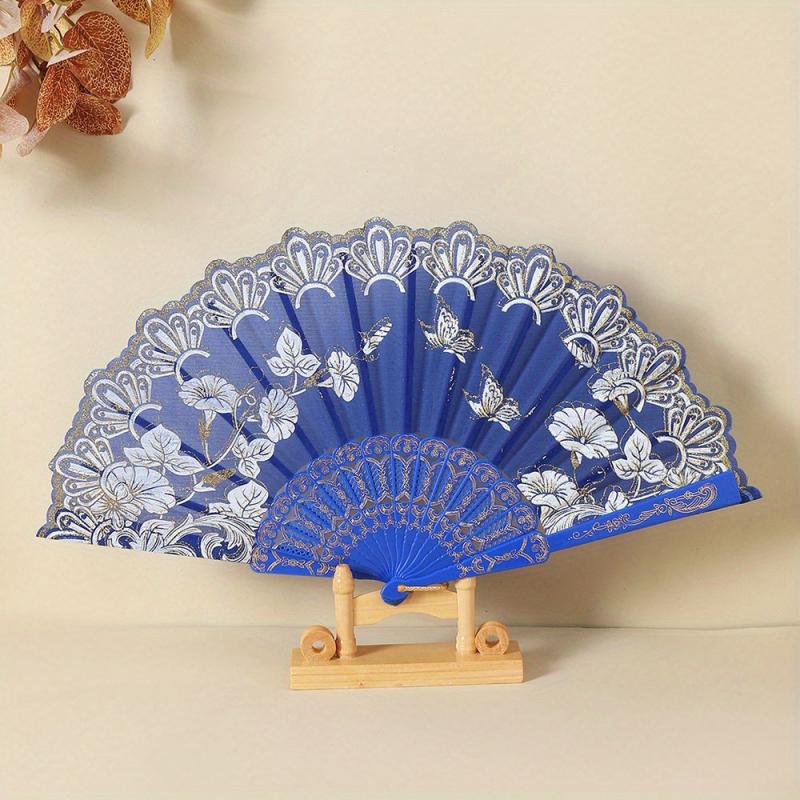 Chinese Folding Fan Lace Cloth Printing Flower Hand Fan Dance Props