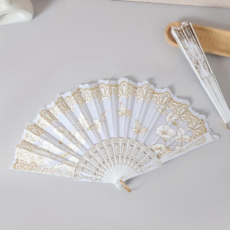 Chinese Folding Fan Lace Cloth Printing Flower Hand Fan Dance Props