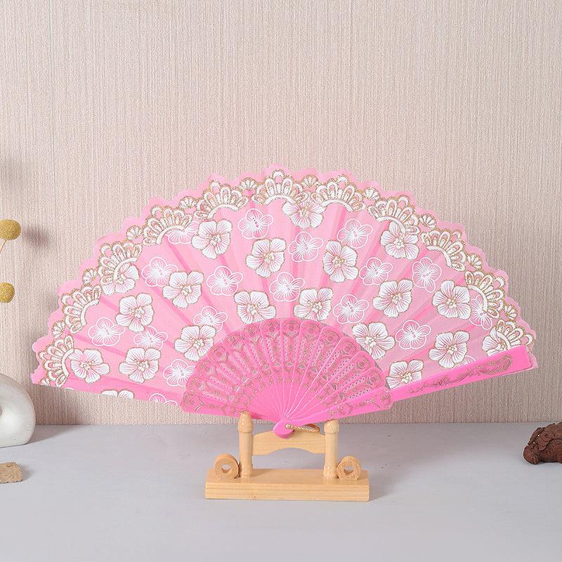 Chinese Folding Fan Lace Cloth Printing Flower Hand Fan Dance Props