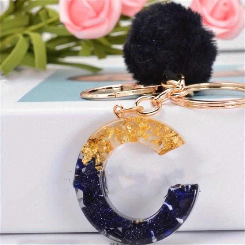 Glitter Gradient Resin A Letter Keychain Pompom Plush Ball Pendant