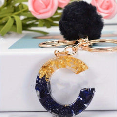 Glitter Gradient Resin A Letter Keychain Pompom Plush Ball Pendant