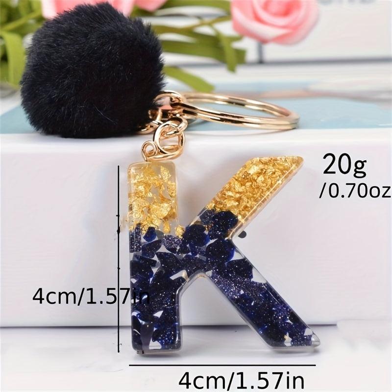 Glitter Gradient Resin A Letter Keychain Pompom Plush Ball Pendant