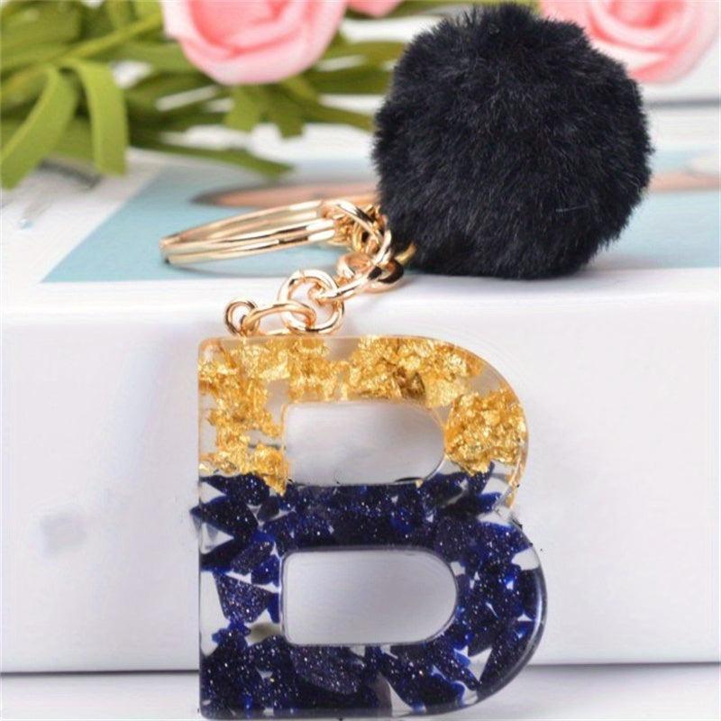 Glitter Gradient Resin A Letter Keychain Pompom Plush Ball Pendant