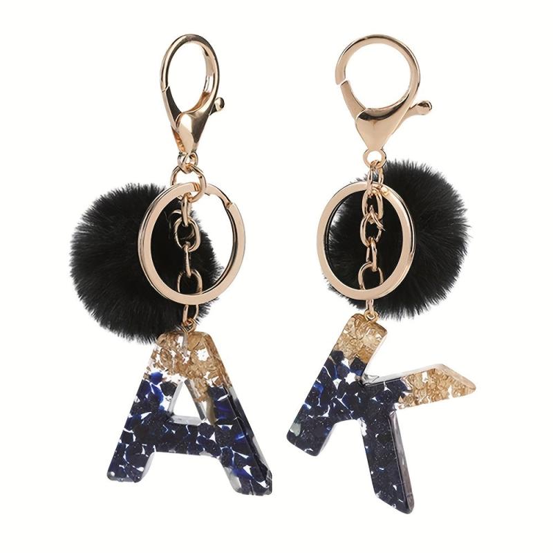 Glitter Gradient Resin A Letter Keychain Pompom Plush Ball Pendant