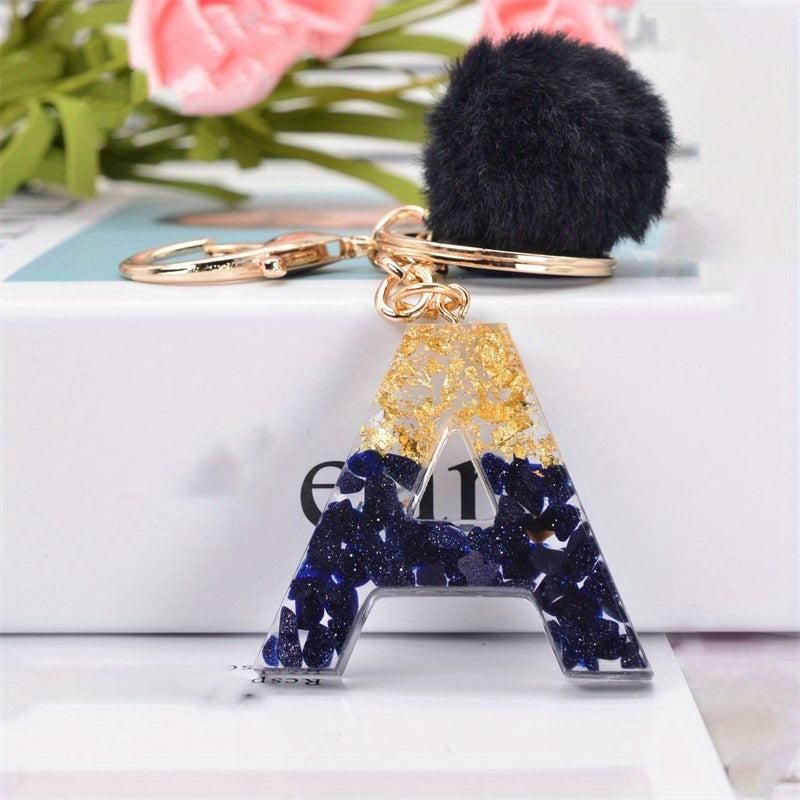 Glitter Gradient Resin A Letter Keychain Pompom Plush Ball Pendant