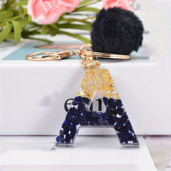 Glitter Gradient Resin A Letter Keychain Pompom Plush Ball Pendant