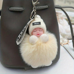Fluffy Sleeping Baby Charm Keychain Plush Keyring Bag Accessory Car Ornament