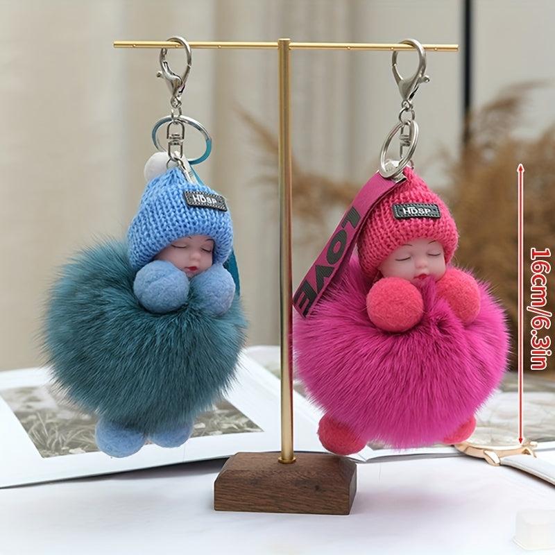 Fluffy Sleeping Baby Charm Keychain Plush Keyring Bag Accessory Car Ornament