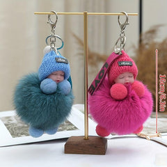 Fluffy Sleeping Baby Charm Keychain Plush Keyring Bag Accessory Car Ornament